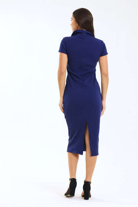 Ladies Polo Collar Ribbed Midi Bodycon Dress