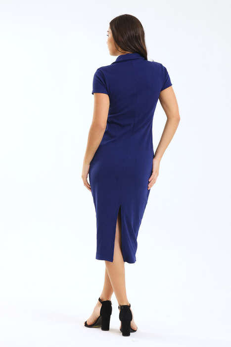 Ladies Polo Collar Ribbed Midi Bodycon Dress