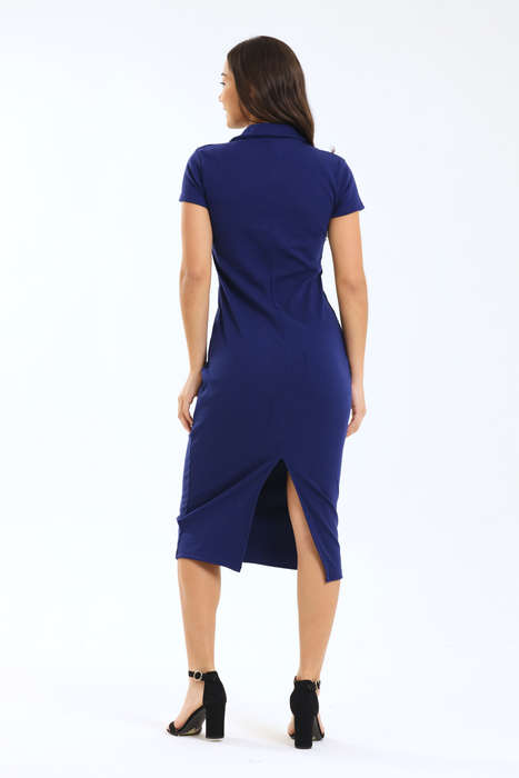 Ladies Polo Collar Ribbed Midi Bodycon Dress