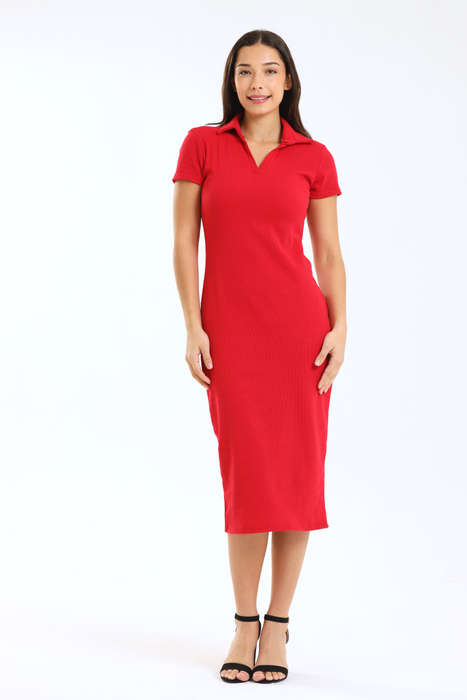 Ladies Polo Collar Ribbed Midi Bodycon Dress