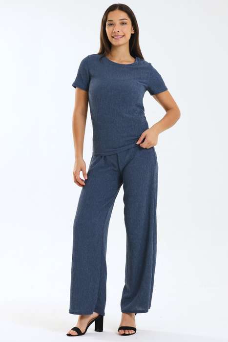 Spanish Textured 2 Piece Wide Leg Short Sleeve Summer Slack Suit