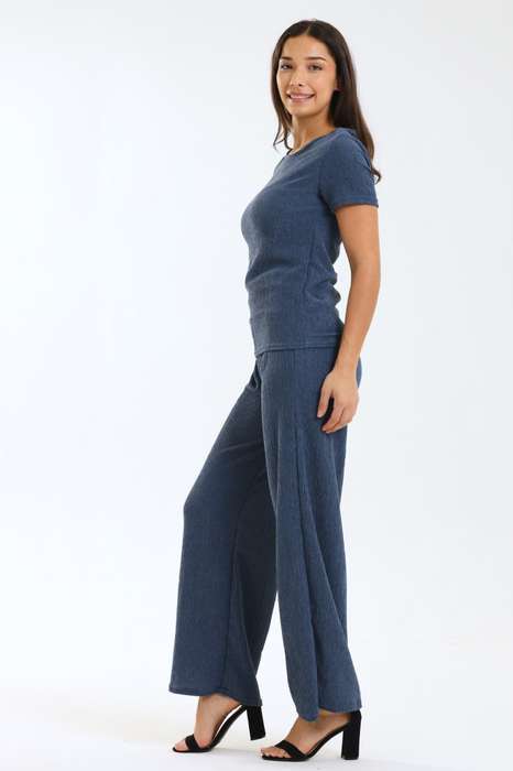Spanish Textured 2 Piece Wide Leg Short Sleeve Summer Slack Suit