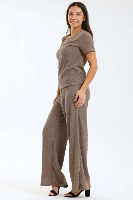Spanish Textured 2 Piece Wide Leg Short Sleeve Summer Slack Suit