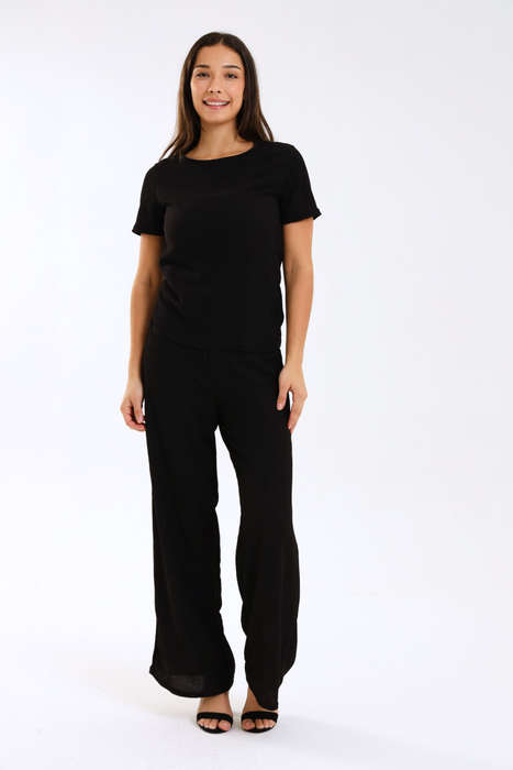 Spanish Textured 2 Piece Wide Leg Short Sleeve Summer Slack Suit