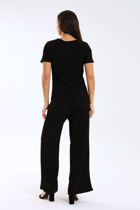 Spanish Textured 2 Piece Wide Leg Short Sleeve Summer Slack Suit