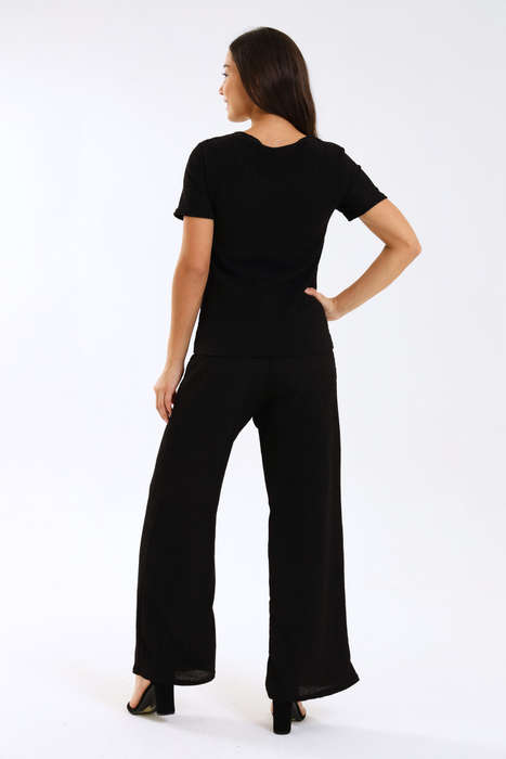 Spanish Textured 2 Piece Wide Leg Short Sleeve Summer Slack Suit