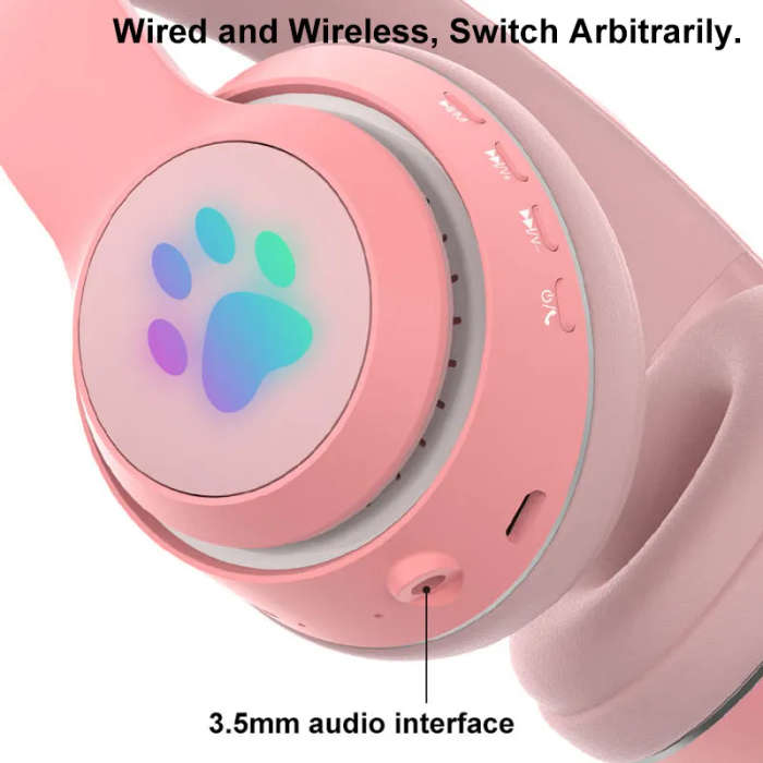 Wireless Bluetooth 5.0 Headphone Glowing Cat Ear Headset Stereo Music Player with MIC for