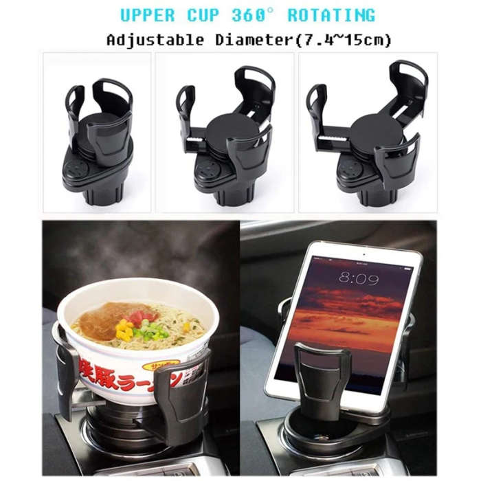 Car Cup Holder Expander Adapter 2 in 1 Cup Mount Extender 360 Degrees Rotating Storage Rack