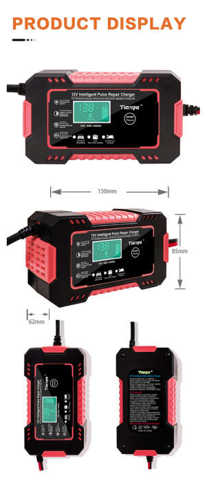 12V 6A Battery charger Intelligent Pulse Repair LCD Display Battery Charger 12 Volts 6 Amps 2-100AH