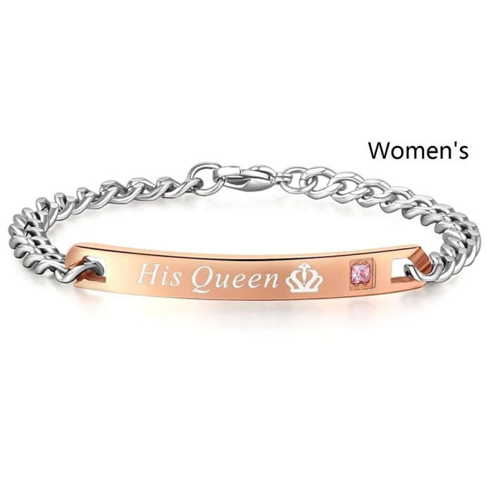 Her King His Queen Couple Bracelets Stainless Steel Crytal Crown Charm Bracelets For Women Men - AZI