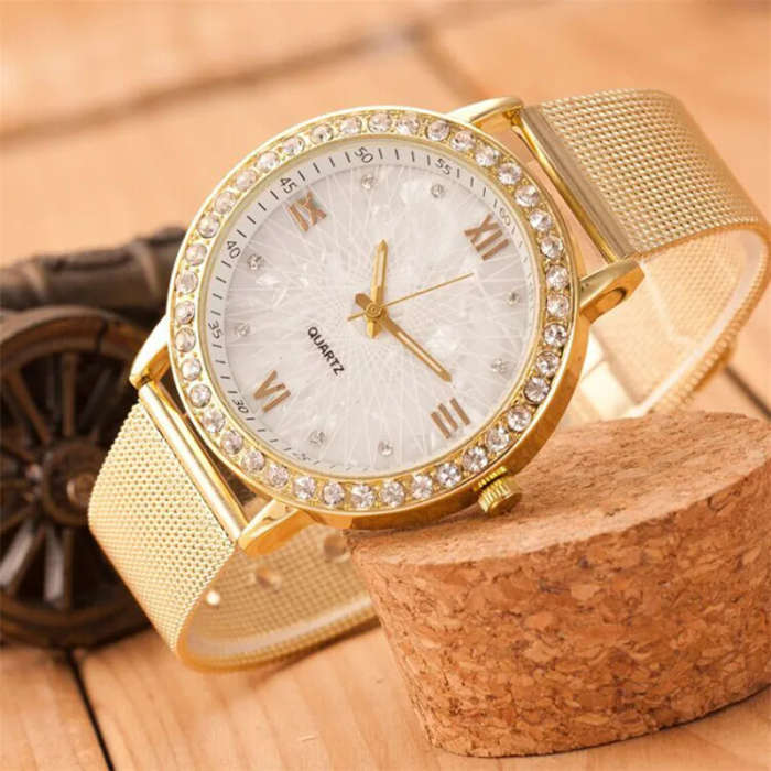 Ladies Crystal Roman Numerals Gold Mesh Band Watch.