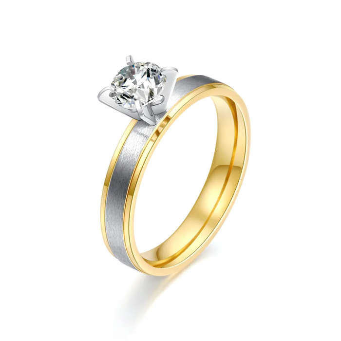** GENUINE STAINLESS STEEL ** - Zircon Rings Set with Gold Tone Size 8 - DO NOT FADE