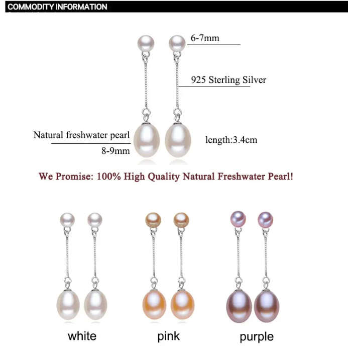 100% Natural Freshwater Pearl 925 Sterling Silver Genuine Earring - White