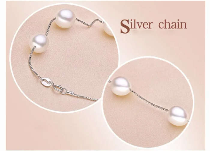 100% Natural Freshwater Pearl Genuine 925 Sterling Silver Bracelet - White Pearl