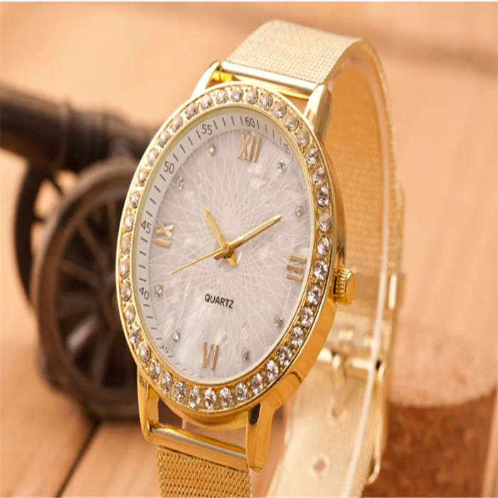 Ladies Crystal Roman Numerals Gold Mesh Band Watch.