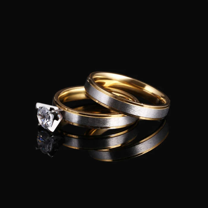 ** GENUINE STAINLESS STEEL ** - Zircon Rings Set with Gold Tone Size 8 - DO NOT FADE