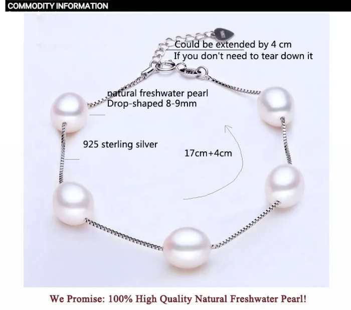 100% Natural Freshwater Pearl Genuine 925 Sterling Silver Bracelet - White Pearl