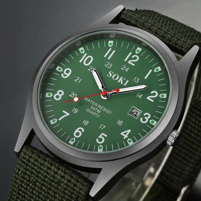 Soki - Luminous Nylon Band Military Watch Men Watches Army  Watch - Green Colour - Ref 03