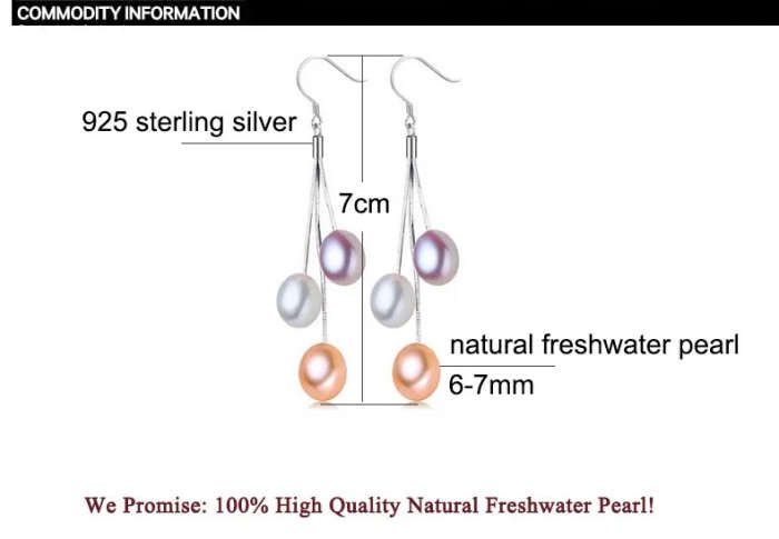 100% GENUINE PEARL - Tassels Drop Earrings 925 Sterling Silver - WHITE PEARL