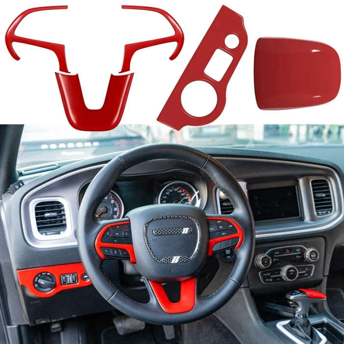 Car Steering Wheel Frame & Headlight Switch Panel Sticker & Gear Shift Trim Cover for 2015-21 Dodge