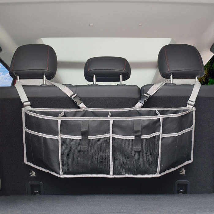 Gray Edging Foldable Multifunctional Long Car Seat Back Storage Bag