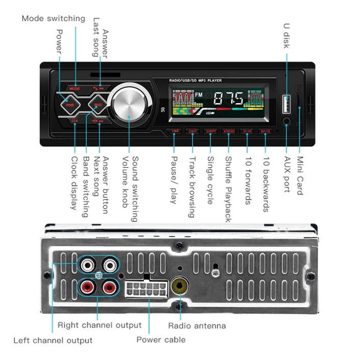1788 Universal Car Radio Receiver MP3 Player, Support FM & Bluetooth with Remote Control