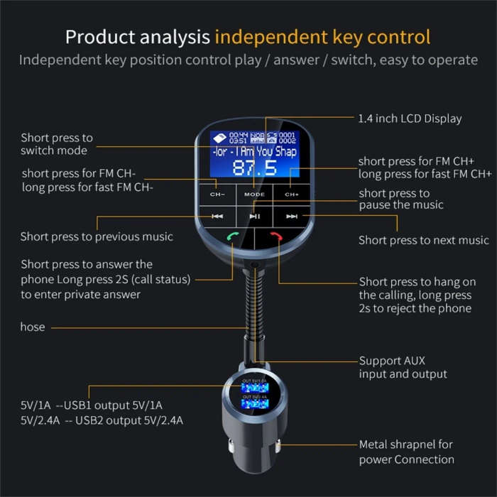 BC37 Dual USB Charging Smart Bluetooth FM Transmitter MP3 Music Player Car Kit