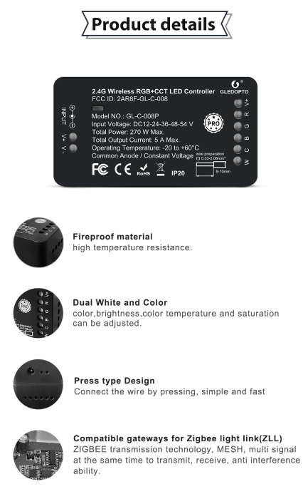 Glade ZIGBEE3.0 RGBCCT Controller Pro R F Remote Control, Intelligent Light Strip Controller