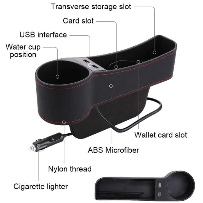 Car Multi-functional Driver Seat Console PU Leather Box Cigarette Lighter Charging