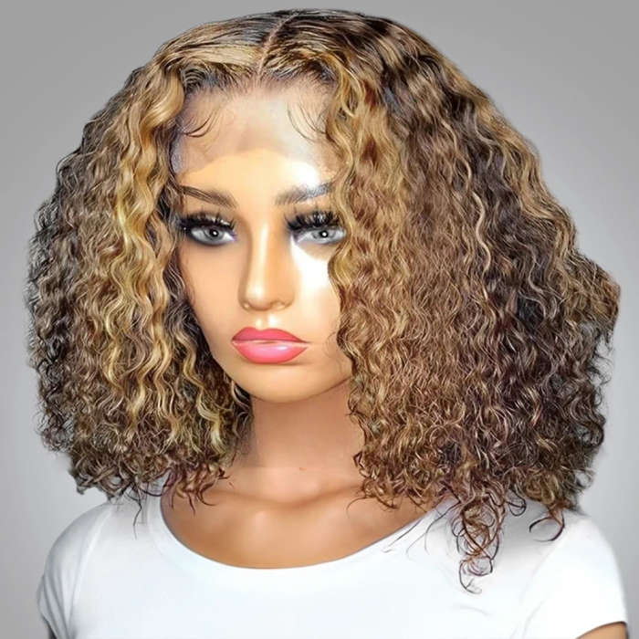 14" Full Frontal Highlight Brazilian Curly Wig (Deep Wave Closure Wig)