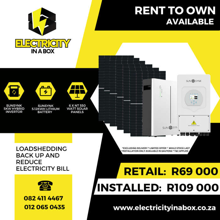 Sunsynk 5KW hybrid invertor + Sunsynk 5.12KWH lithium battery  + 6 NT 550 Watt solar panels