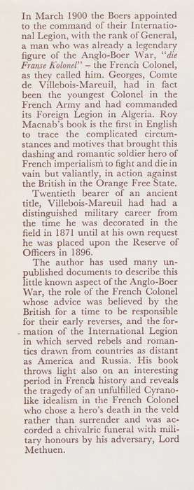 The French Colonel: Villebois-Mareuil and the Boers 1899-1900 - Macnab, Roy