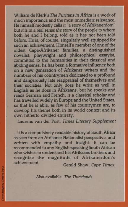 PURITANS IN AFRICA - De Klerk, W. A.