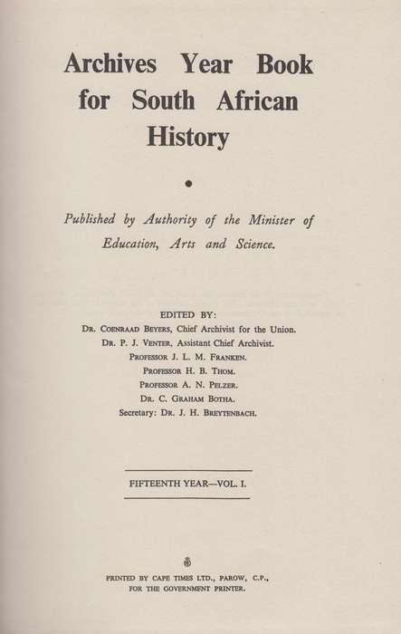 Argief-Jaarboek vir Suid-Afrikaanse Geskiedenis 1952 Deel 1 / Archiv - Ploeger, Jan