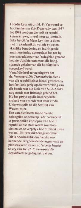 Dr. H. F. Verwoerd die Republikein: Hoofartikels uit Die Transvaler, - Geyser, O.