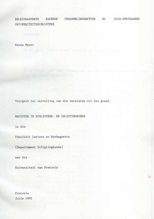 Beleidsaspekte Rakende Versamelingbestuur by Suid-Afrikaanse Univers - Meyer, Gerna