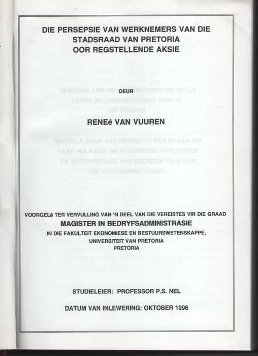 Die Persepsie van Werknemers van die Stadsraad van Pretoria Oor Regs - Van Vuuren, ReneÃ©