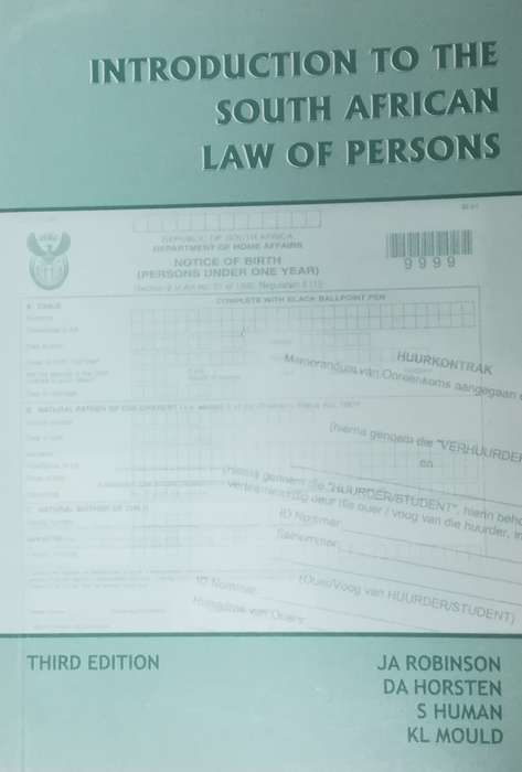 INTRO TO THE SA LAW OF PERSONS SECONDHAND - ROBINS,JA