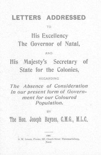 Letters Addressed to His Excellency the Governor of Natal, and His M - Baynes, Joseph