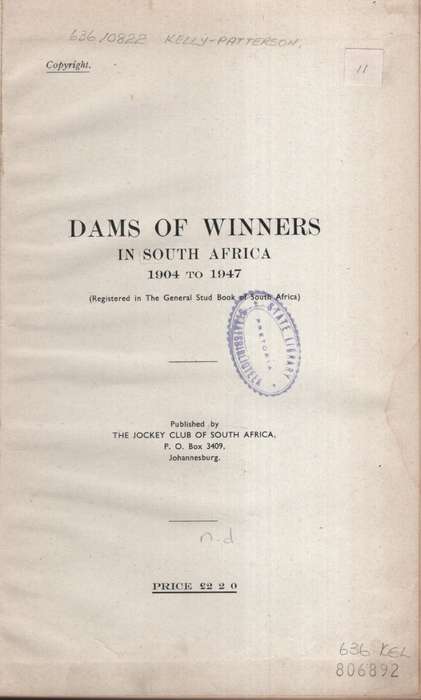 DAMS OF WINNERS 1904 1947 - JOCKEYCLUB