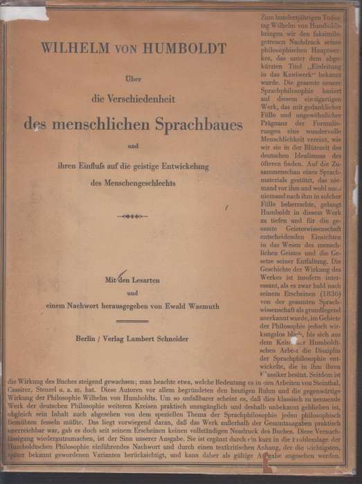 Ãœber die Verschiedenheit des menschlichen Sprachbaues un ihren Eins - Von Humboldt, Wilhelm