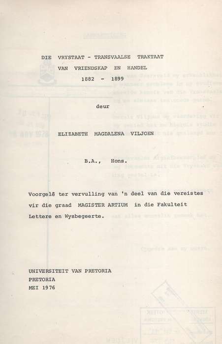 Die Vrystaat-Transvaalse Traktaat van Vriendskap en Handel, 1822-189 - Viljoen, Elizabeth Magdalena
