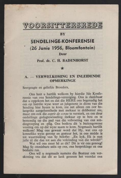 Voorsittersrede by Sendeling-Konferensie (26 June 1956, Bloemfontein - Badenhorst, C. H.
