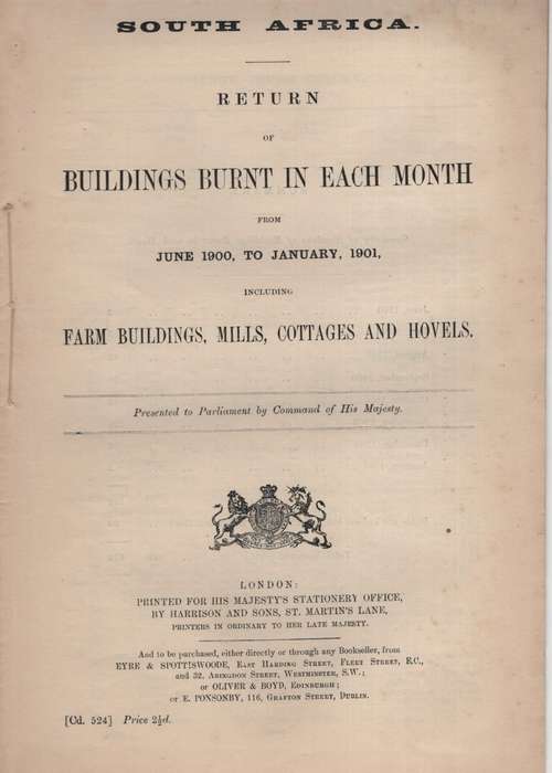 South Africa: Return of Buildings Burnt in Each Month from June 1900 - Anon