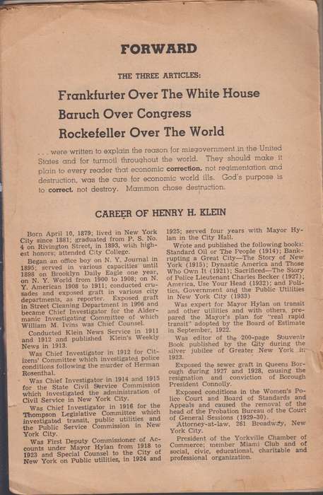 FRANKFURTER OVER THE WHITE HOUSE SECONDHAND - KLEIN,H