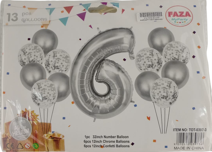 Casey 13pc Silver and White Balloon Set Nr.6 - 13Pc set consisting of 1 x 81cm Number Balloon 6pc...
