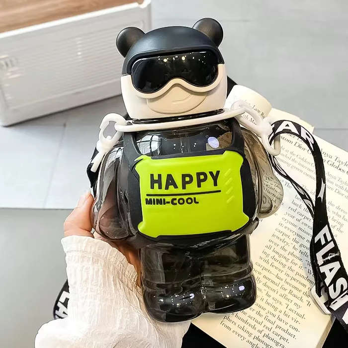 Trendy Creative Mini Cute Bear Water Bottles with Silicone Leak Proof 800ml-Black