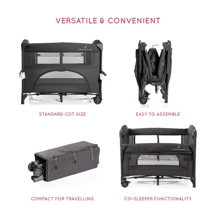 2-in-1 Dark Grey Camp Cot &amp; Co Sleeper with New Born Bassinet Inner with Rotating Toy bar and...