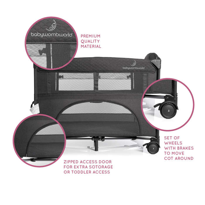 2-in-1 Dark Grey Camp Cot &amp; Co Sleeper with New Born Bassinet Inner with Rotating Toy bar and...