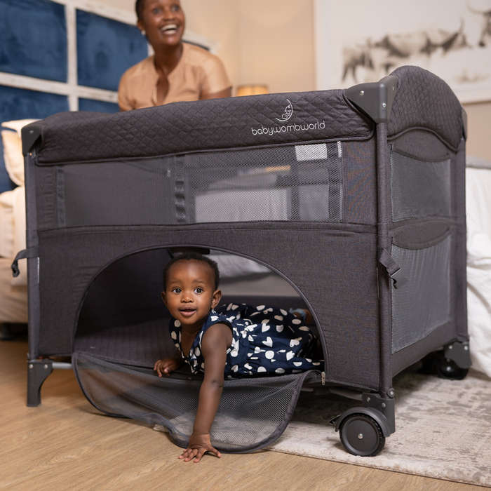 2-in-1 Dark Grey Camp Cot &amp; Co Sleeper with New Born Bassinet Inner with Rotating Toy bar and...